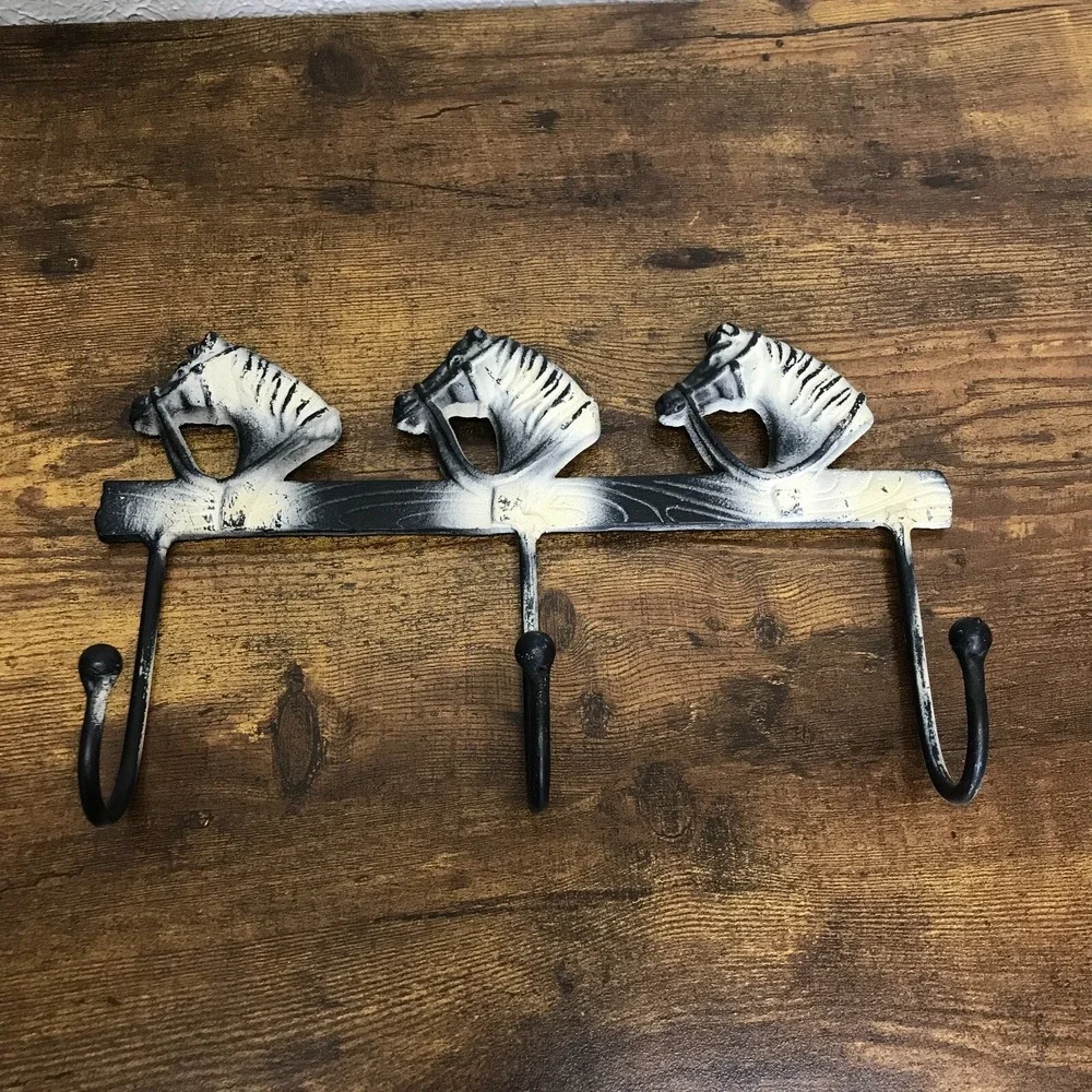 Cast Iron Horse Head 3 Hook Coat Hat Rack Wall Hanger Rustic Country‎ Western